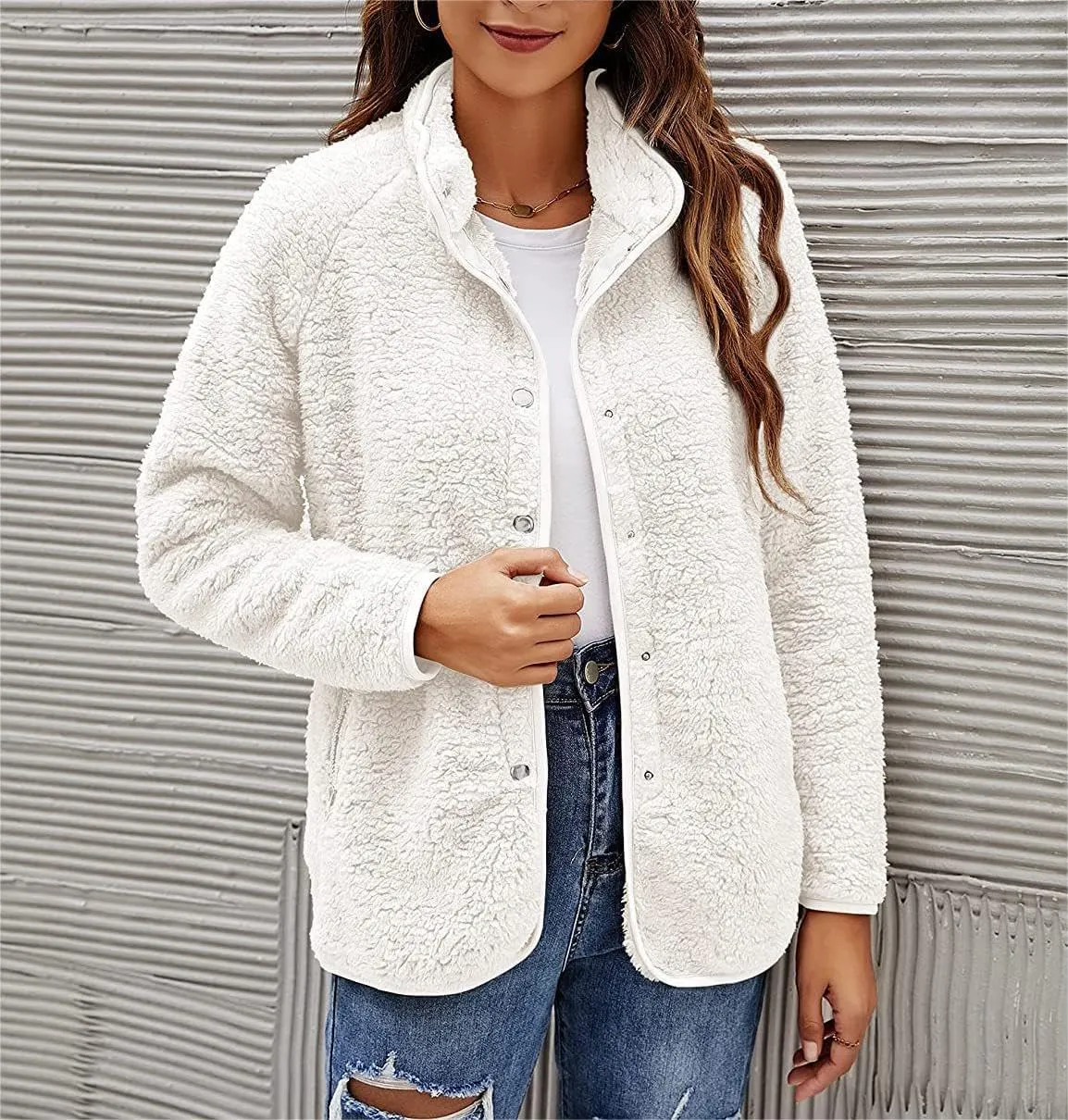 Women's Lapel Button Down Warm Fuzzy Fleece Jacket Long Sleeve Cardigan Coat Oversized Winter Outwear with Pockets