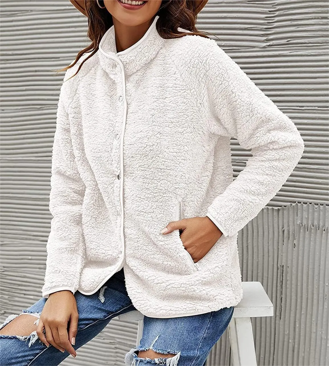 Women's Lapel Button Down Warm Fuzzy Fleece Jacket Long Sleeve Cardigan Coat Oversized Winter Outwear with Pockets