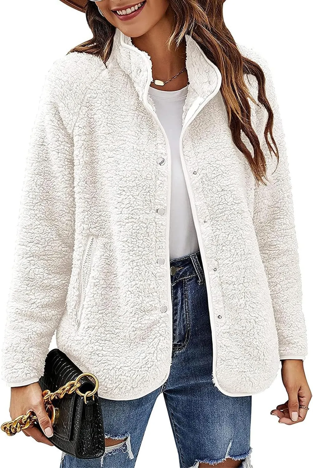 Women's Lapel Button Down Warm Fuzzy Fleece Jacket Long Sleeve Cardigan Coat Oversized Winter Outwear with Pockets