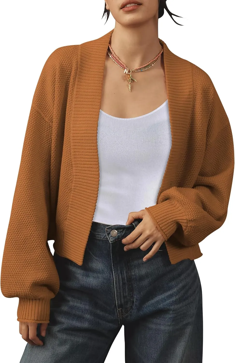 Women's Open Front Cropped Cardigan Lightweight Fall Long Sleeve Waffle Knit Cardigans