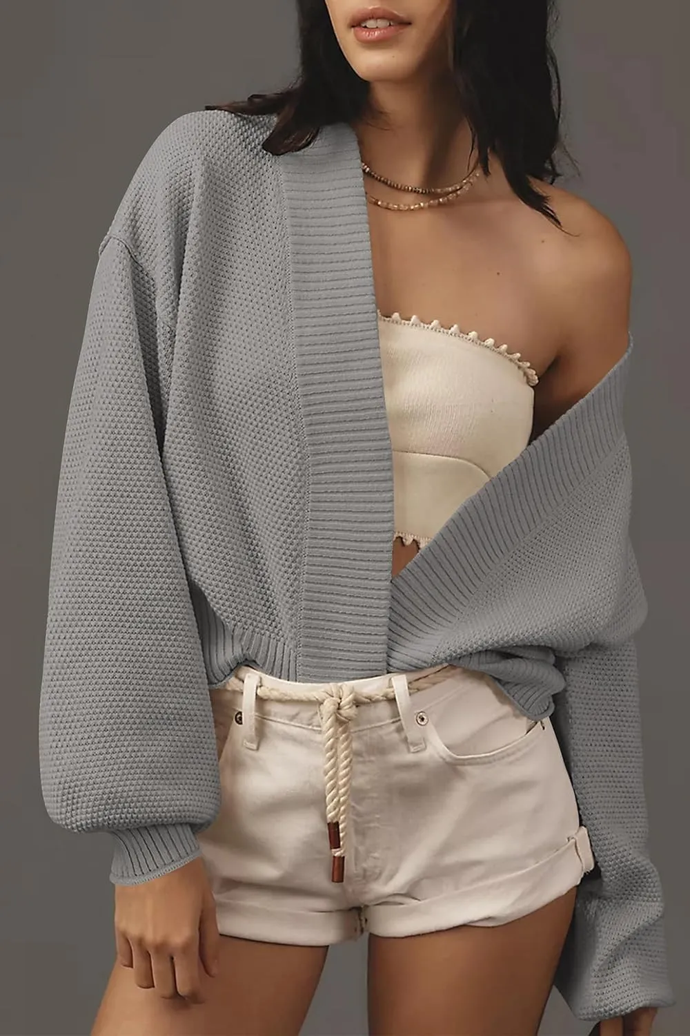 Women's Open Front Cropped Cardigan Lightweight Fall Long Sleeve Waffle Knit Cardigans