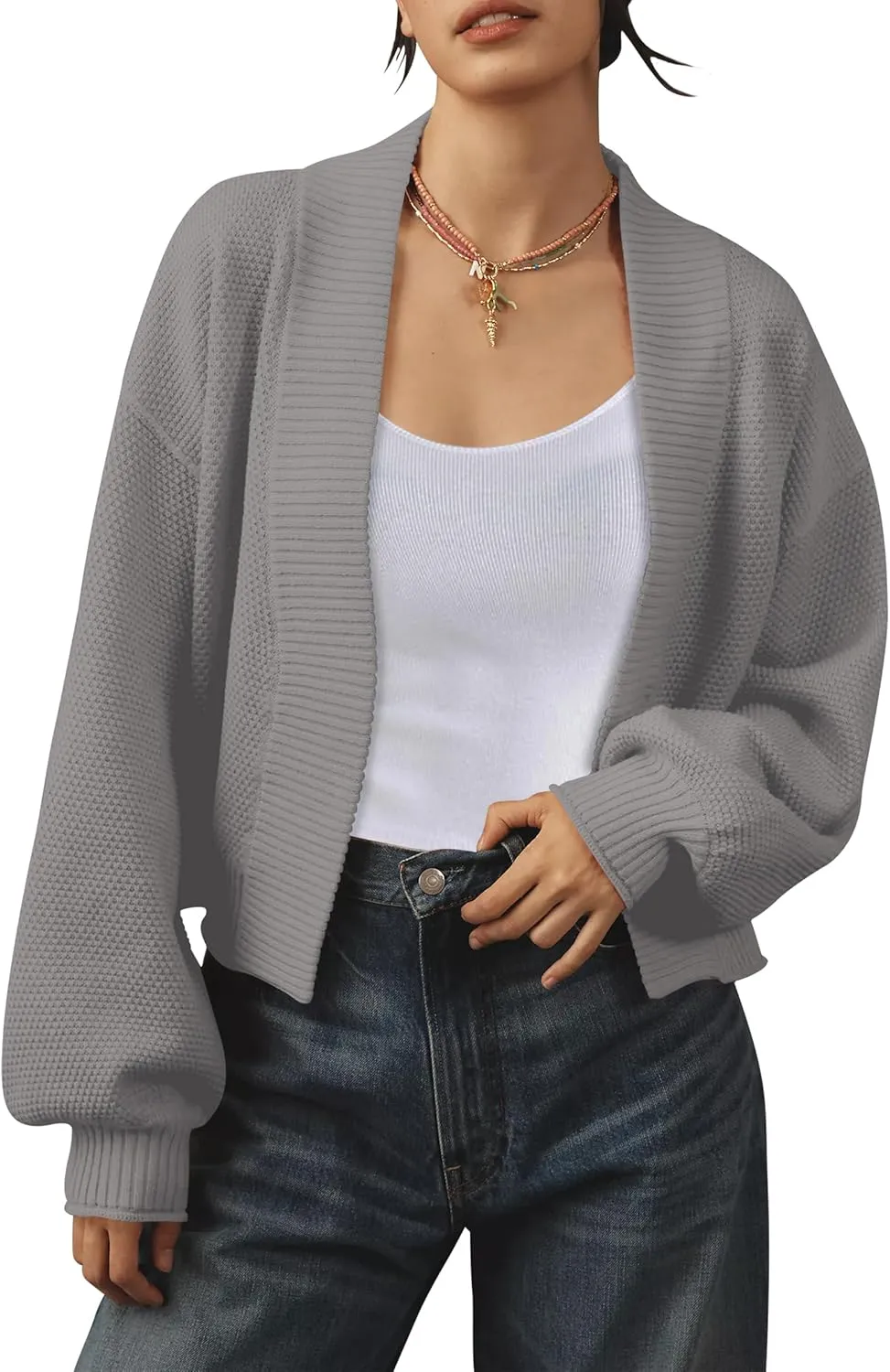 Women's Open Front Cropped Cardigan Lightweight Fall Long Sleeve Waffle Knit Cardigans