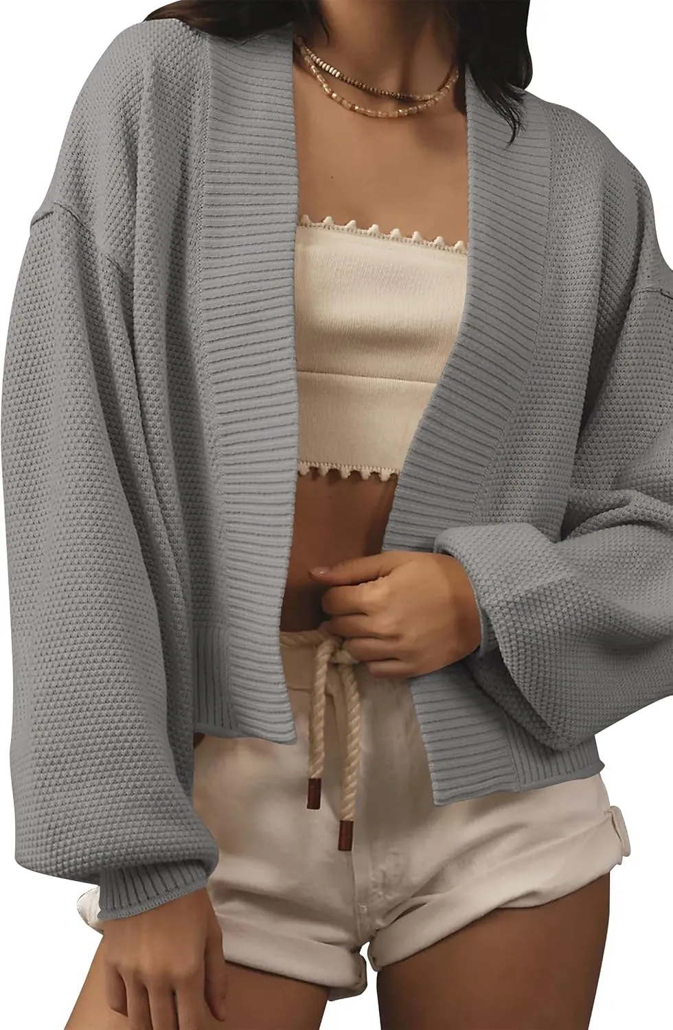 Women's Open Front Cropped Cardigan Lightweight Fall Long Sleeve Waffle Knit Cardigans