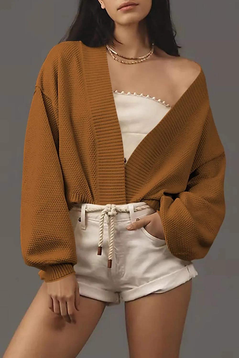 Women's Open Front Cropped Cardigan Lightweight Fall Long Sleeve Waffle Knit Cardigans