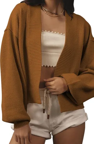 Women's Open Front Cropped Cardigan Lightweight Fall Long Sleeve Waffle Knit Cardigans