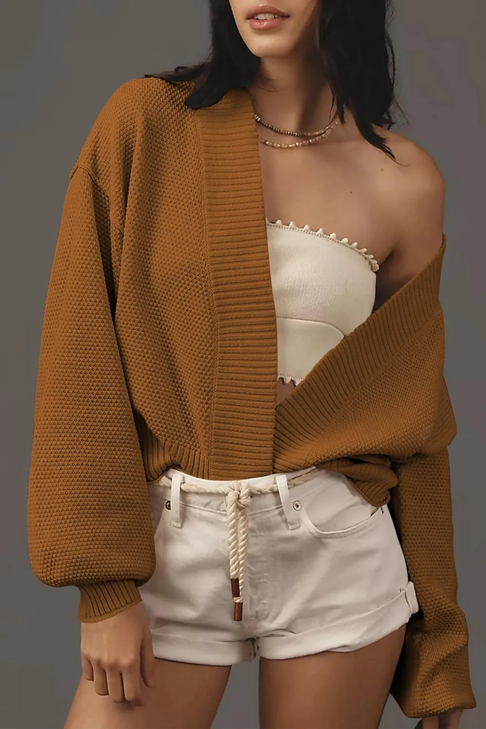 Women's Open Front Cropped Cardigan Lightweight Fall Long Sleeve Waffle Knit Cardigans