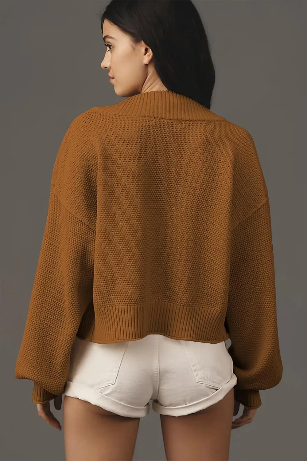 Women's Open Front Cropped Cardigan Lightweight Fall Long Sleeve Waffle Knit Cardigans