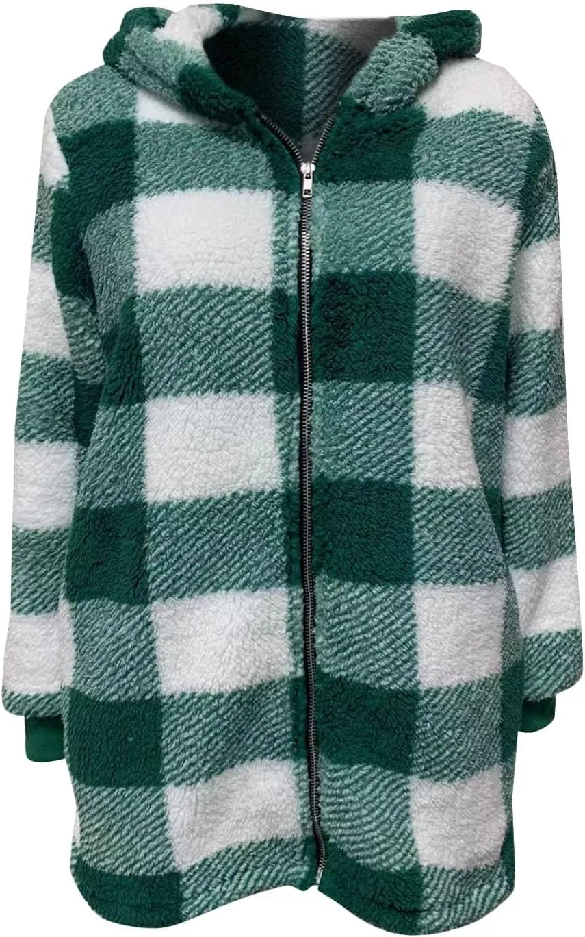 Women's Plaid Lined Hooded Jacket With Pocket Zip Up Oversized Fuzzy Coat Checkered Flannel Hoodie Thick Plush Outerwear