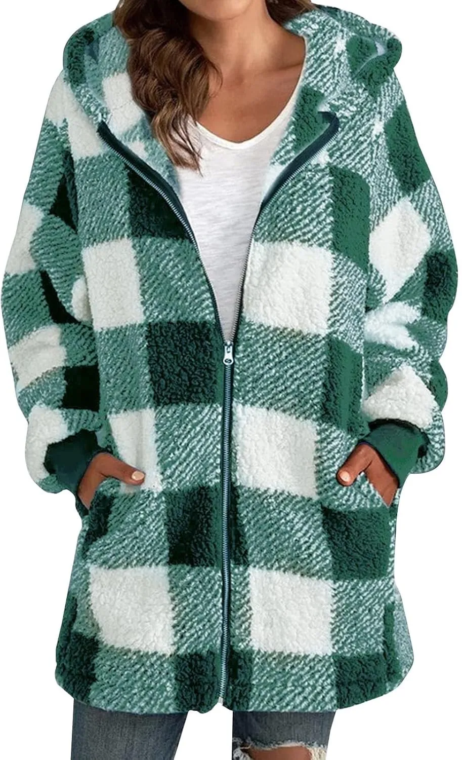 Women's Plaid Lined Hooded Jacket With Pocket Zip Up Oversized Fuzzy Coat Checkered Flannel Hoodie Thick Plush Outerwear
