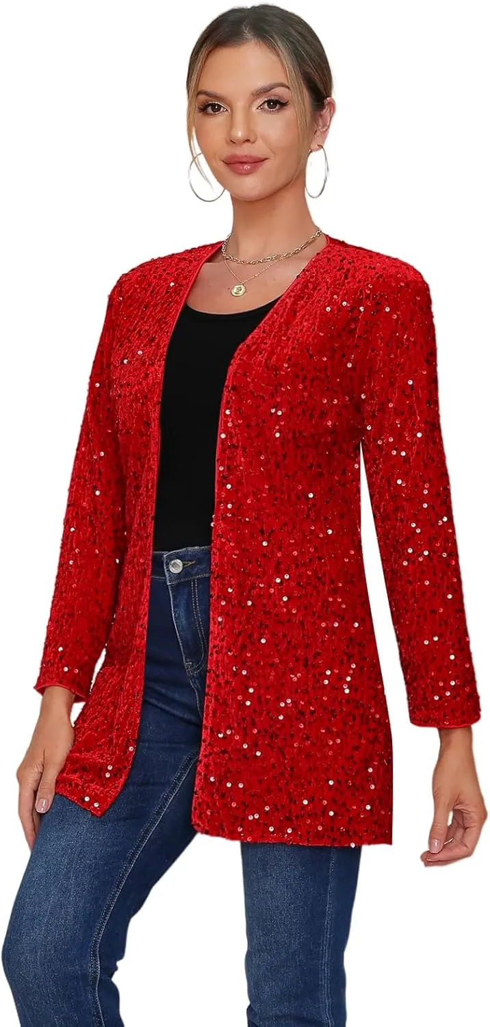Women's Sequin Jacket Sparkly Blazer Open Front Glitter Cardigan Long Sleeve Coat for Casual Party Cocktail