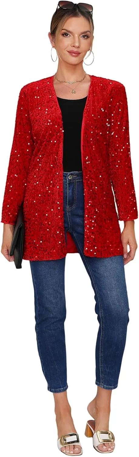 Women's Sequin Jacket Sparkly Blazer Open Front Glitter Cardigan Long Sleeve Coat for Casual Party Cocktail
