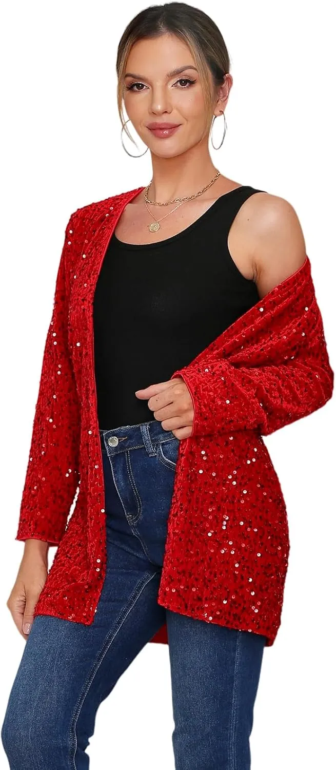 Women's Sequin Jacket Sparkly Blazer Open Front Glitter Cardigan Long Sleeve Coat for Casual Party Cocktail