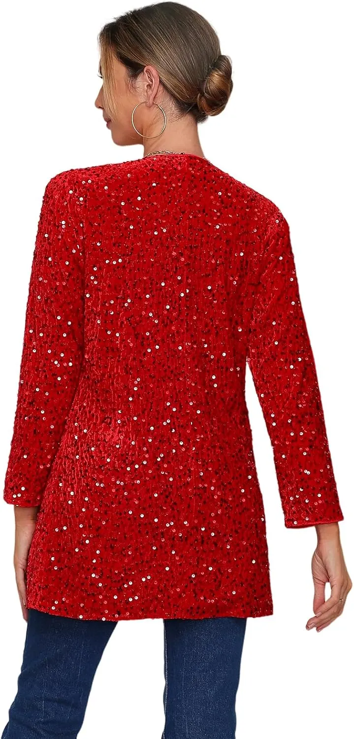 Women's Sequin Jacket Sparkly Blazer Open Front Glitter Cardigan Long Sleeve Coat for Casual Party Cocktail