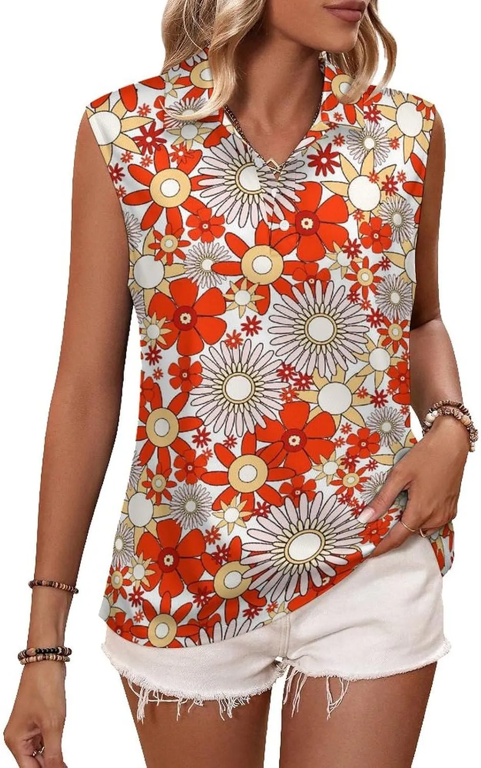 Womens Sleeveless Golf Shirt Polo Shirts for Women Moisture Wicking Athletic Golf Tank Top Printed Polo Tennis Shirts