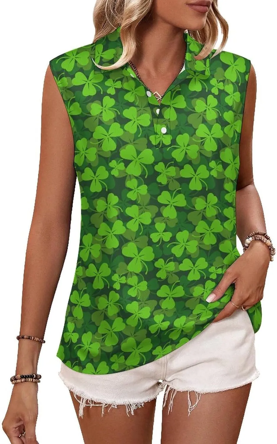 Womens Sleeveless Golf Shirt Polo Shirts for Women Moisture Wicking Athletic Golf Tank Top Printed Polo Tennis Shirts