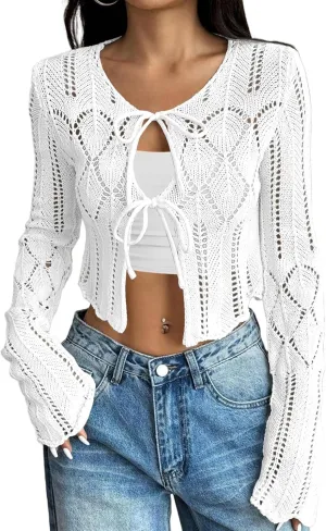 Women's Tie Front Lightweight Cardigan Long Sleeve Crochet Hollow Out Knit Boho Cardigan