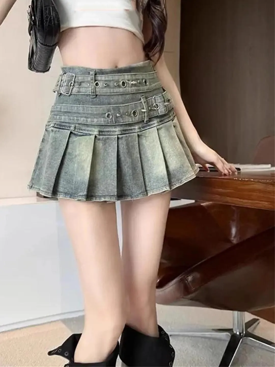 Women's Vintage Sexy Denim Skirts with Belt High Waist Pleated Workout Athletic Skirts