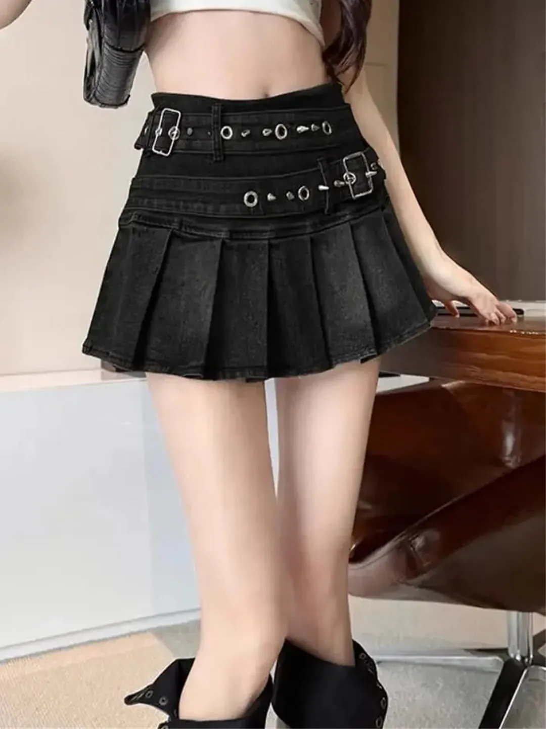 Women's Vintage Sexy Denim Skirts with Belt High Waist Pleated Workout Athletic Skirts