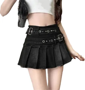 Women's Vintage Sexy Denim Skirts with Belt High Waist Pleated Workout Athletic Skirts