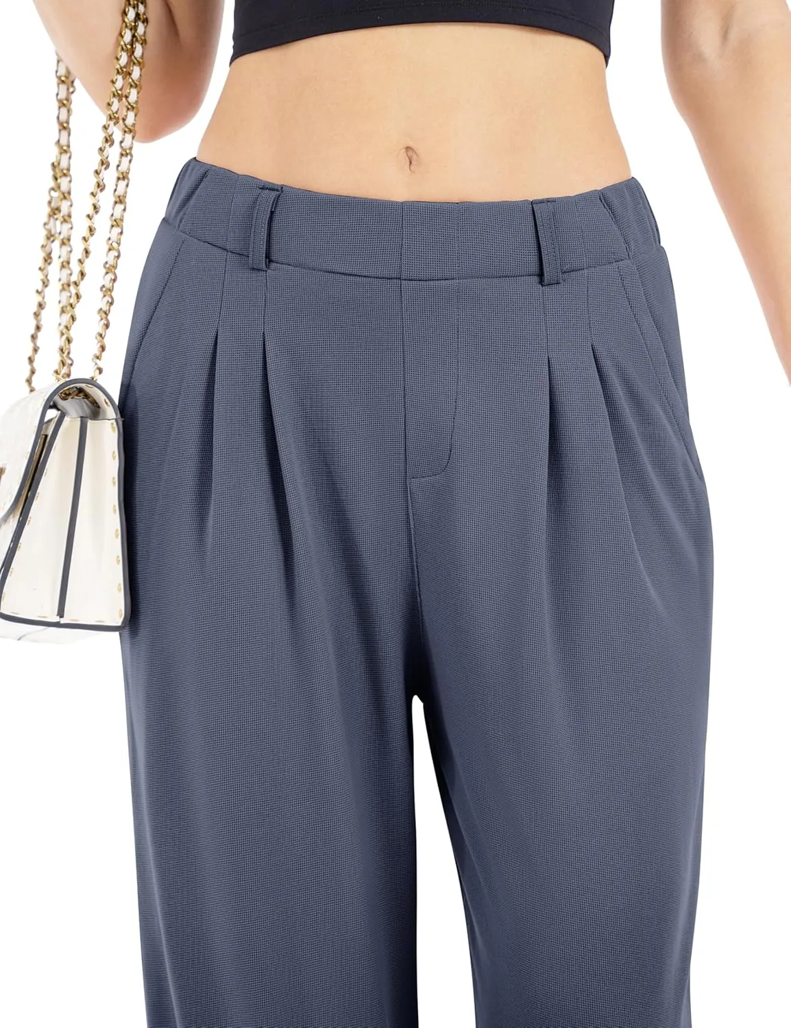 Womens Waffle Wide Leg High Waisted Palazzo Pants Casual Work Beach Lounge Trousers with Pockets Loose Flowy Baggy