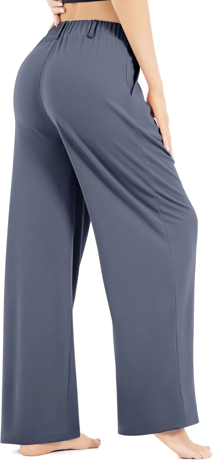 Womens Waffle Wide Leg High Waisted Palazzo Pants Casual Work Beach Lounge Trousers with Pockets Loose Flowy Baggy