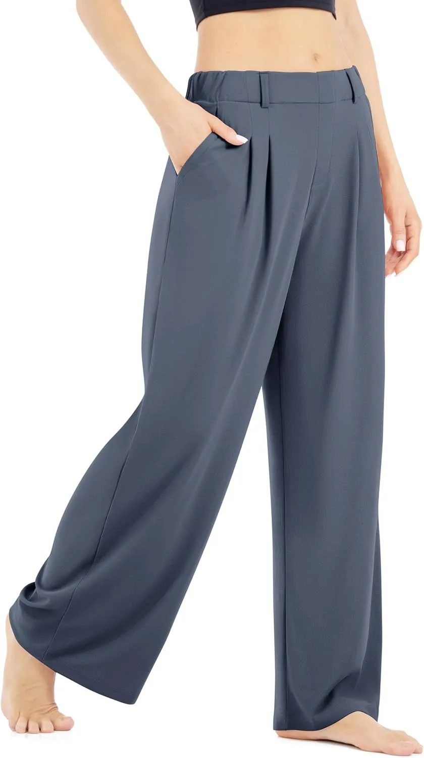 Womens Waffle Wide Leg High Waisted Palazzo Pants Casual Work Beach Lounge Trousers with Pockets Loose Flowy Baggy