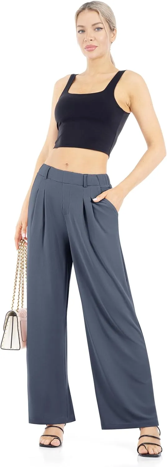 Womens Waffle Wide Leg High Waisted Palazzo Pants Casual Work Beach Lounge Trousers with Pockets Loose Flowy Baggy