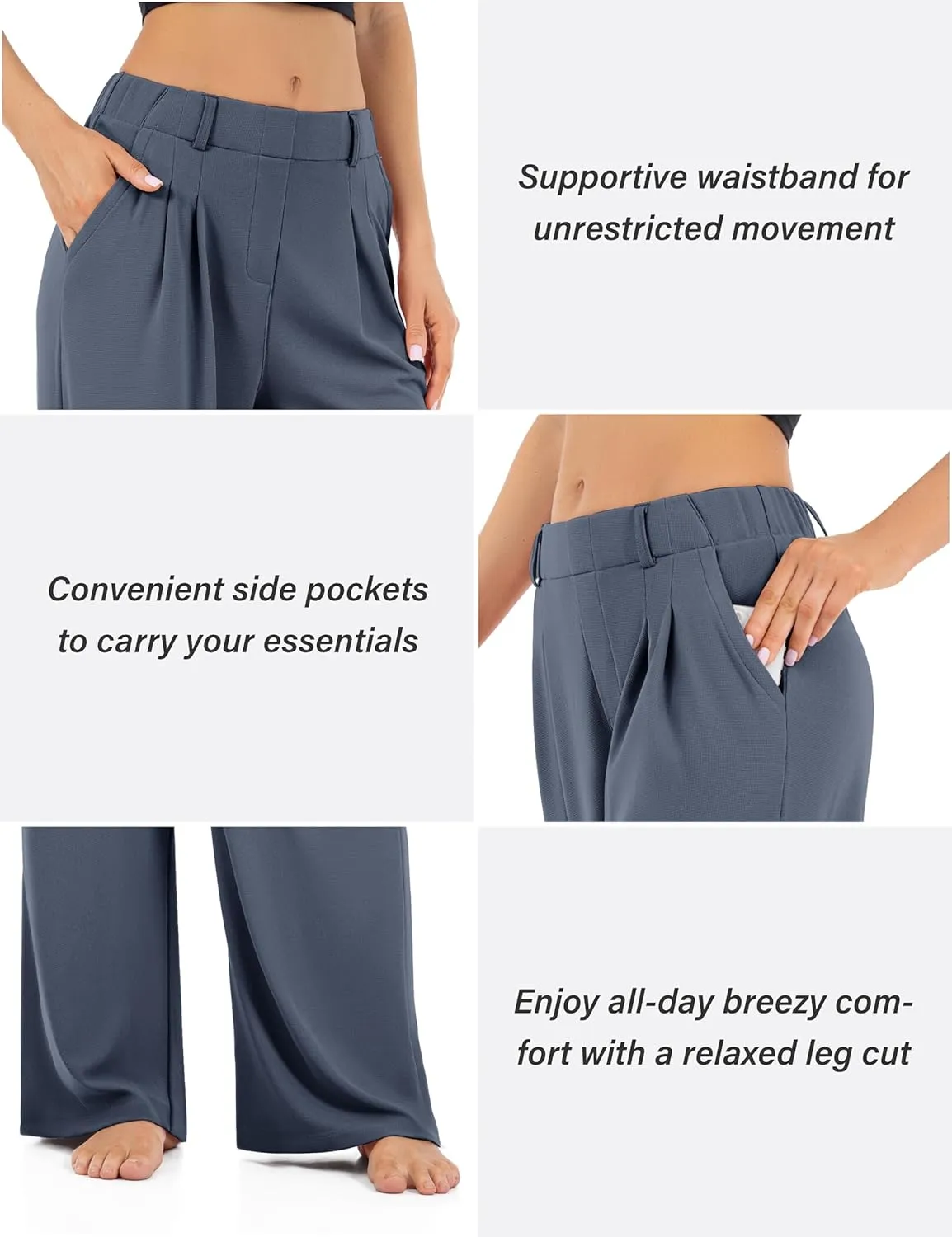 Womens Waffle Wide Leg High Waisted Palazzo Pants Casual Work Beach Lounge Trousers with Pockets Loose Flowy Baggy