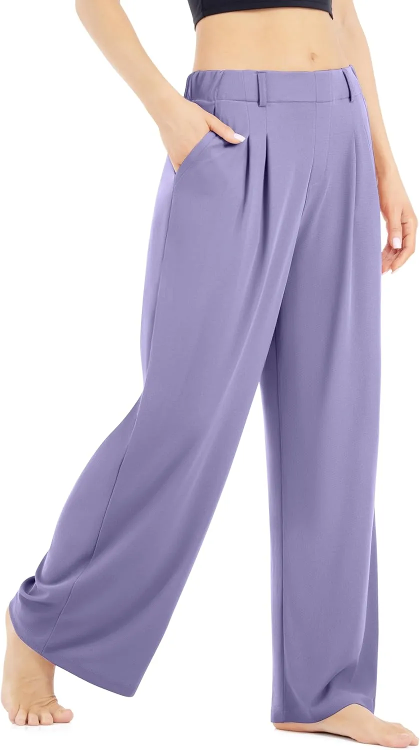 Womens Waffle Wide Leg High Waisted Palazzo Pants Casual Work Beach Lounge Trousers with Pockets Loose Flowy Baggy