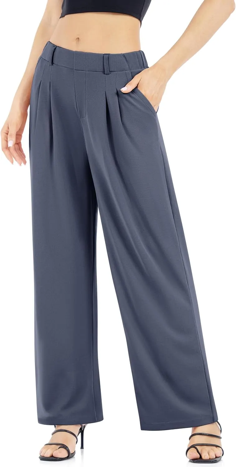 Womens Waffle Wide Leg High Waisted Palazzo Pants Casual Work Beach Lounge Trousers with Pockets Loose Flowy Baggy